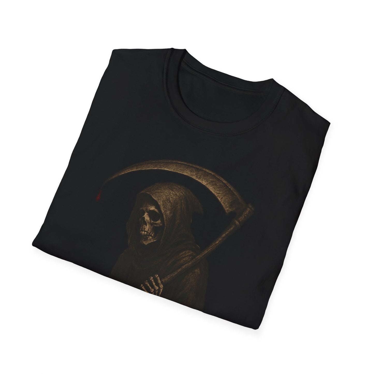 Grim Reaper Themed Unisex Softstyle T-Shirt | Halloween Costume, Spooky Fashion, Gift for Horror Fans, Gothic Apparel, Casual Wear