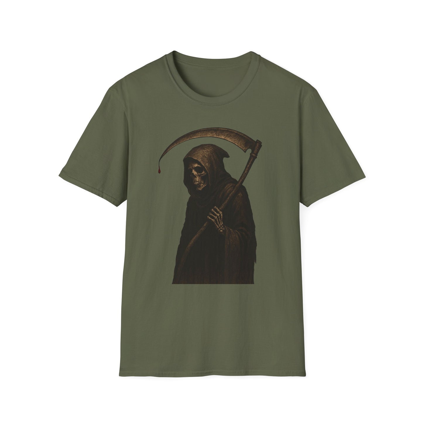 Grim Reaper Themed Unisex Softstyle T-Shirt | Halloween Costume, Spooky Fashion, Gift for Horror Fans, Gothic Apparel, Casual Wear