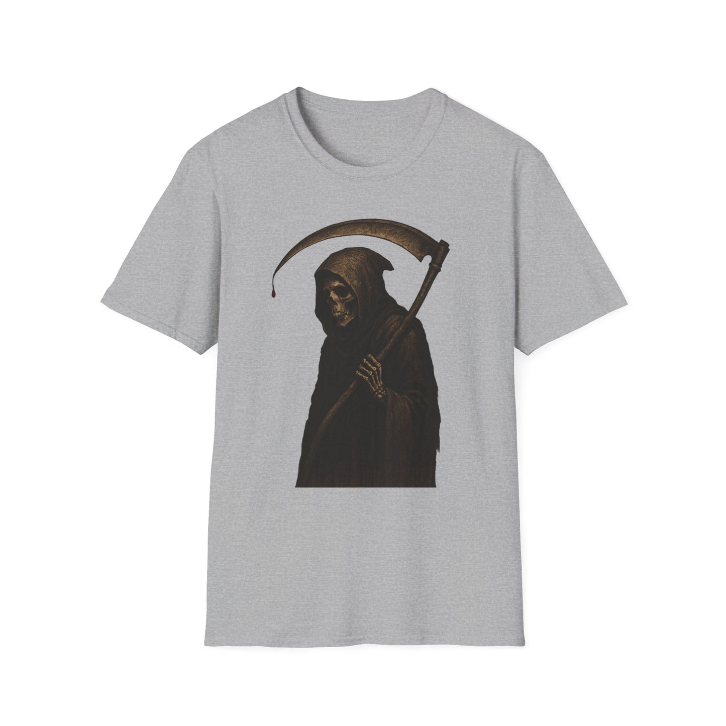 Grim Reaper Themed Unisex Softstyle T-Shirt | Halloween Costume, Spooky Fashion, Gift for Horror Fans, Gothic Apparel, Casual Wear