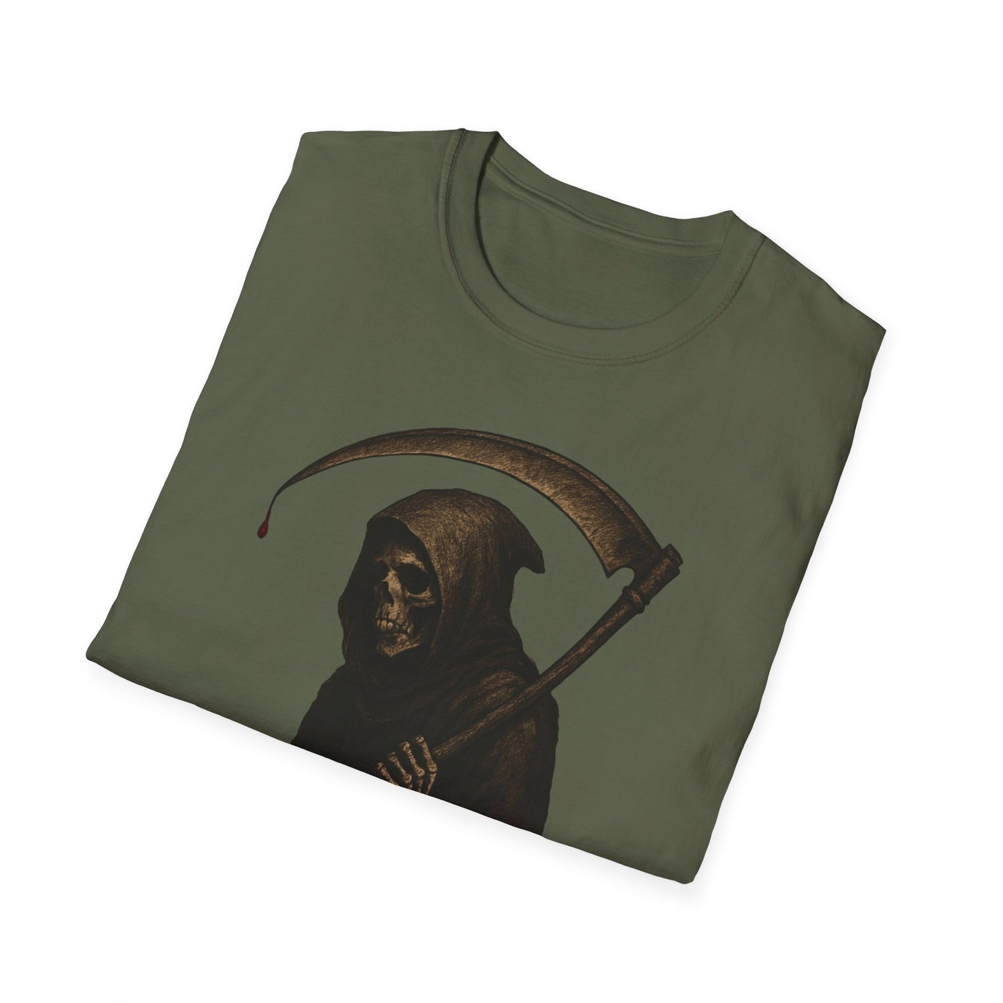 Grim Reaper Themed Unisex Softstyle T-Shirt | Halloween Costume, Spooky Fashion, Gift for Horror Fans, Gothic Apparel, Casual Wear