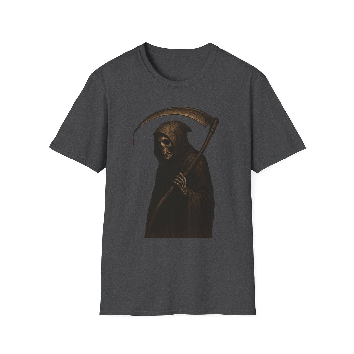 Grim Reaper Themed Unisex Softstyle T-Shirt | Halloween Costume, Spooky Fashion, Gift for Horror Fans, Gothic Apparel, Casual Wear