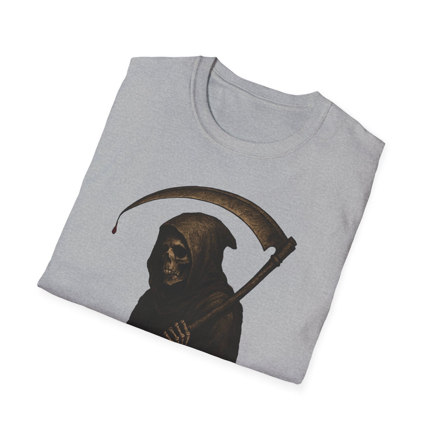 Grim Reaper Themed Unisex Softstyle T-Shirt | Halloween Costume, Spooky Fashion, Gift for Horror Fans, Gothic Apparel, Casual Wear