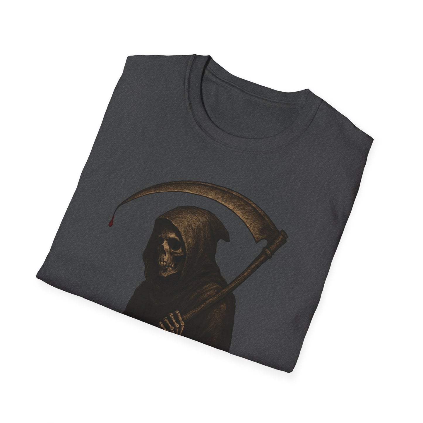 Grim Reaper Themed Unisex Softstyle T-Shirt | Halloween Costume, Spooky Fashion, Gift for Horror Fans, Gothic Apparel, Casual Wear