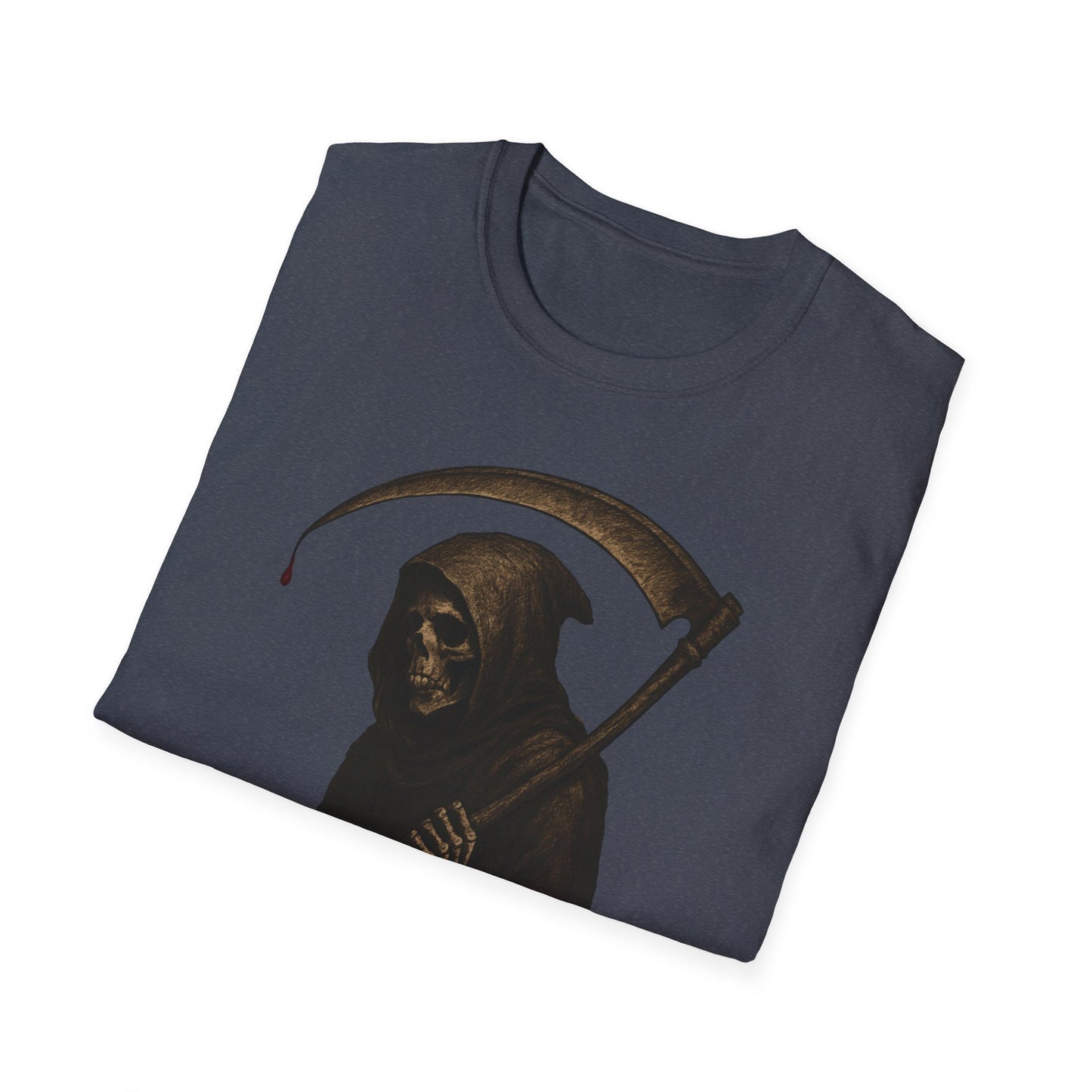 Grim Reaper Themed Unisex Softstyle T-Shirt | Halloween Costume, Spooky Fashion, Gift for Horror Fans, Gothic Apparel, Casual Wear