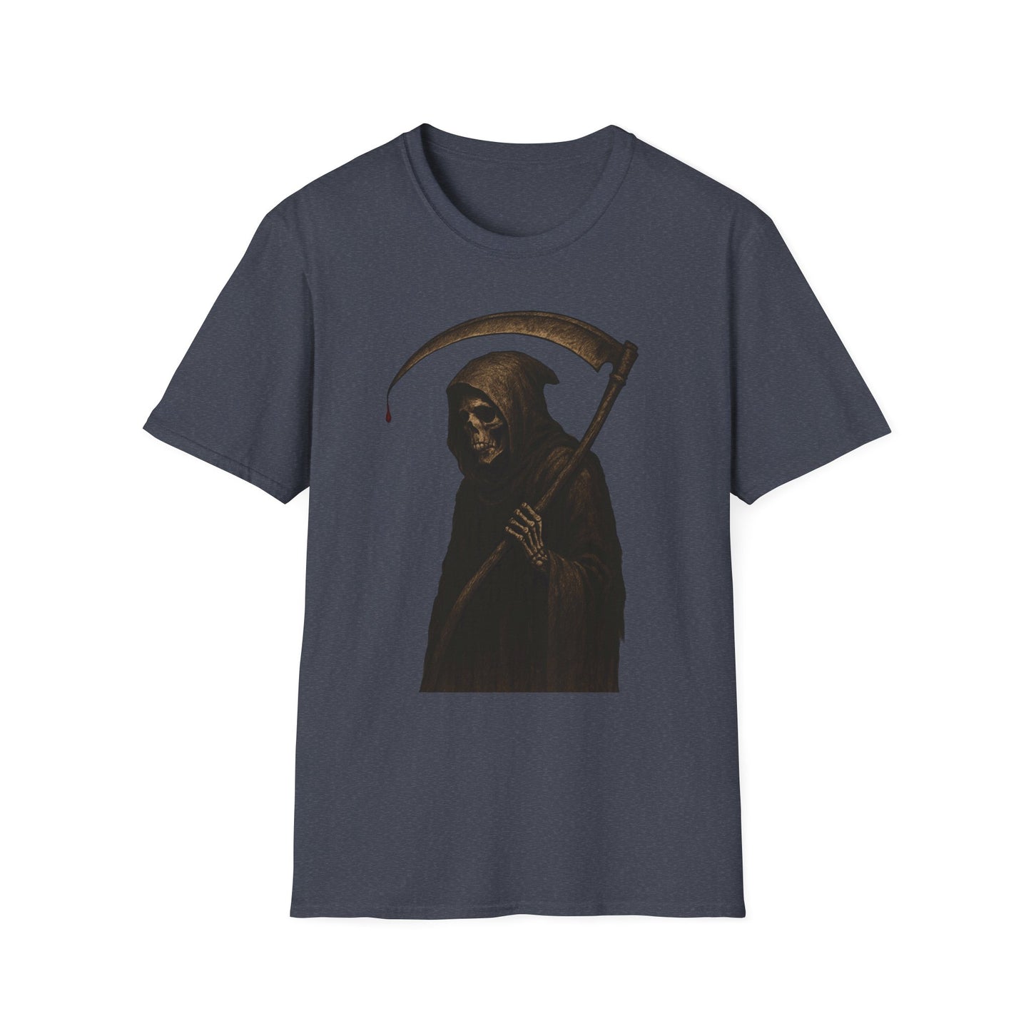 Grim Reaper Themed Unisex Softstyle T-Shirt | Halloween Costume, Spooky Fashion, Gift for Horror Fans, Gothic Apparel, Casual Wear