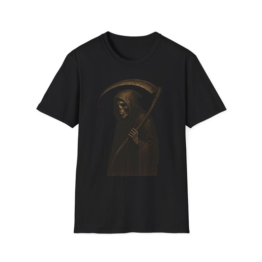 Grim Reaper Themed Unisex Softstyle T-Shirt | Halloween Costume, Spooky Fashion, Gift for Horror Fans, Gothic Apparel, Casual Wear