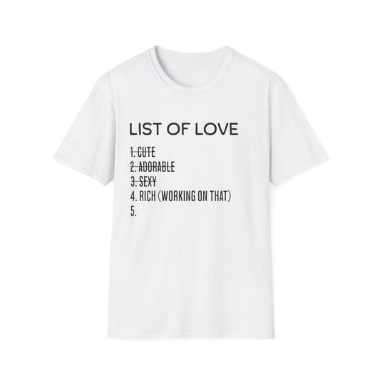 List of Love Unisex T-Shirt, Cute, Adorable, Sexy, Gift for Her, Valentine's Day, Casual Wear, Funny Tees