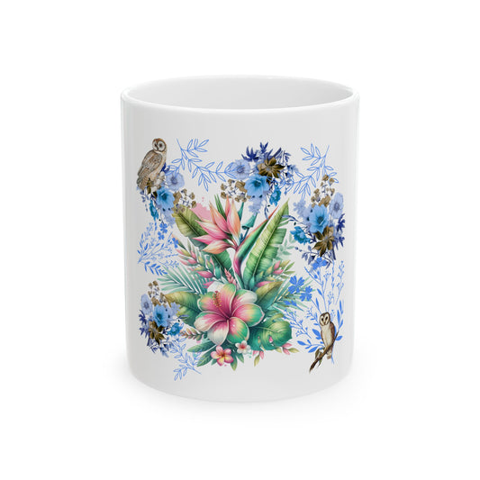Floral Nature Ceramic Mug, Tropical Drinkware, Gift for Her, Coffee Cup, Home Decor, Owl Design, Flower Mug