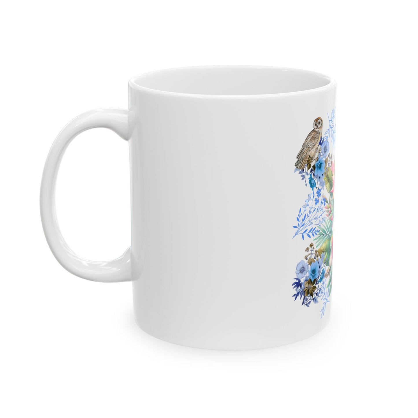 Floral Nature Ceramic Mug, Tropical Drinkware, Gift for Her, Coffee Cup, Home Decor, Owl Design, Flower Mug