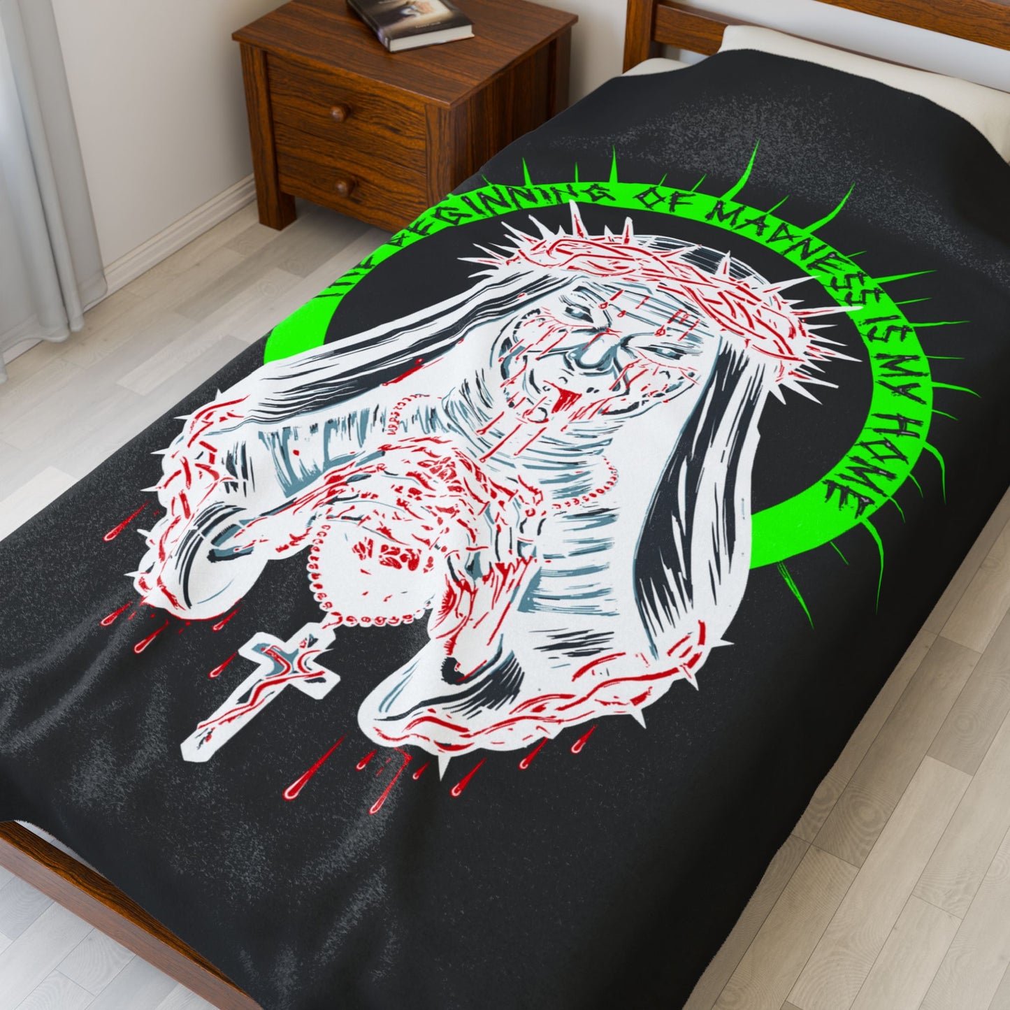 Gothic Velvet Blanket - The Beginning of Madness is My Home, Cozy Throw, Unique Decor, Spooky Gift, Halloween Home Accessory