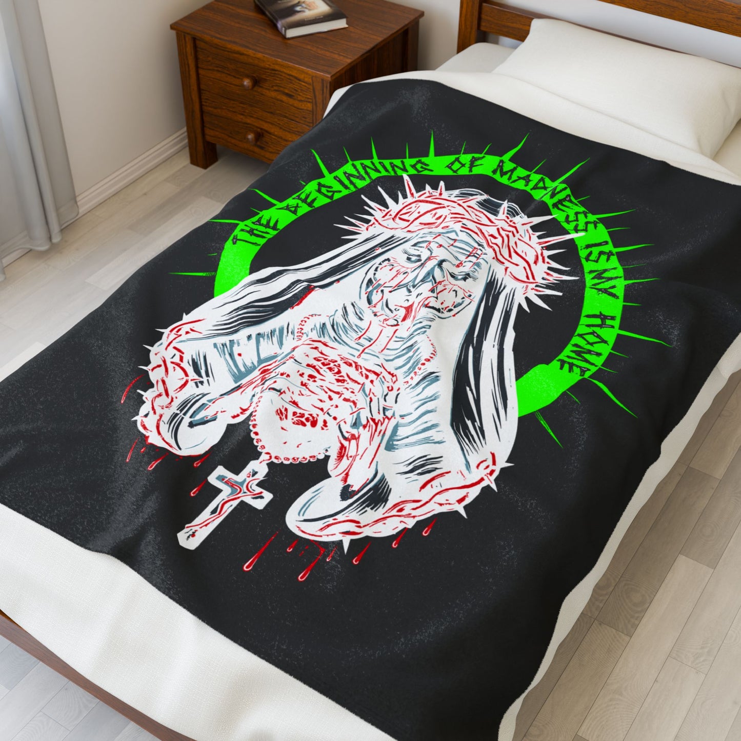 Gothic Velvet Blanket - The Beginning of Madness is My Home, Cozy Throw, Unique Decor, Spooky Gift, Halloween Home Accessory